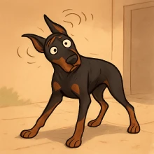 Ilustración en caricatura de un dóberman adulto mostrando desorientación y tambaleos por golpe de calor. El perro está de pie pero inestable, con patas separadas, cuerpo inclinado y cabeza ladeada. Tiene expresión de confusión y líneas sutiles alrededor de la cabeza que indican mareo. Fondo simple, luz natural intensa, ambiente hogareño.