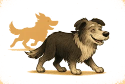 Ilustración en caricatura de un border collie mayor caminando feliz, con pelaje gris y expresión serena. Detrás se proyecta una sombra suave que representa su versión joven corriendo. El fondo es cálido y neutro. La imagen transmite que en los cuidados de los perros mayores, la actividad cambia, pero no desaparece.