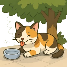 Caricatura profesional de una gata doméstica tricolor descansando relajada en la sombra de un árbol, con expresión de bienestar. Se incluyen elementos de prevención como recipiente con agua fresca y superficie fresca, sin fondo completo.