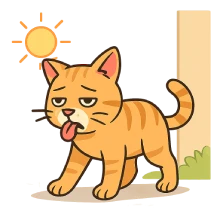 Caricatura profesional de un gato doméstico caminando al aire libre bajo el sol fuerte, con expresión de agotamiento leve y lengua apenas afuera. Se sugieren elementos exteriores como el sol, sombra parcial y borde de patio, sin fondo completo.