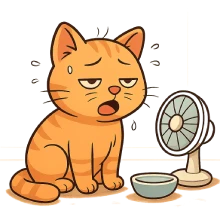 Ilustración estilo caricatura moderna de un gato doméstico sentado en el piso de un departamento, con expresión de calor: ojos entrecerrados, lengua apenas afuera, orejas hacia atrás y respiración por la boca. A su lado hay un pequeño ventilador y un bowl de agua. Fondo claro y pared neutra.