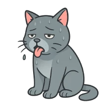 Caricatura clara de un gato doméstico sentado, con expresión de cansancio por calor: orejas hacia atrás, lengua afuera, gotas de sudor estilizadas y postura decaída. Estilo amigable y educativo, sin fondo.