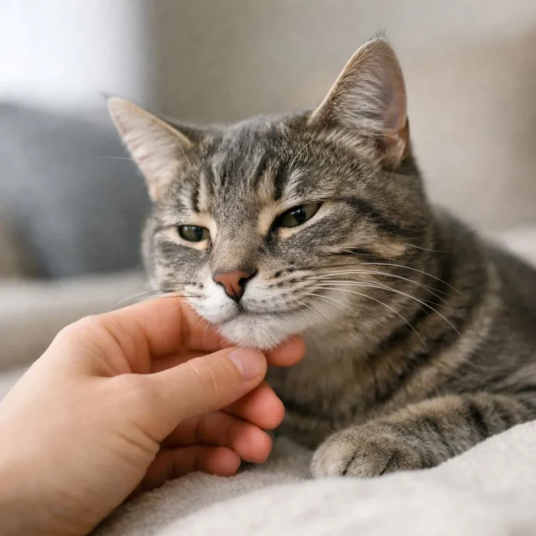 Foto real que muestra cómo enseñarle a mi gato a no morder, con un gato tranquilo interactuando de forma segura con una mano humana