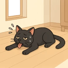 Caricatura profesional de un gato doméstico negro acostado sobre el piso en un departamento, con expresión de calor leve y postura relajada. Se sugieren elementos del interior como ventana y mueble, sin fondo completo.