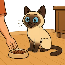 Ilustración en caricatura de un gato siamés frente a su plato de comida, mirando a una persona, representando la relación entre alimentación, rutina y comportamiento en esta raza.