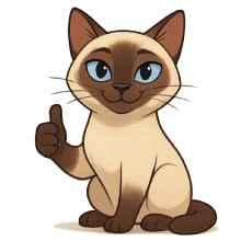 Ilustración en caricatura de un gato siamés mirando de frente y levantando una pata en gesto de aprobación, representando el cierre y los consejos finales sobre esta raza.