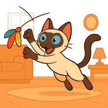 Ilustración en caricatura de un gato siamés jugando con un juguete dentro de casa, representando su carácter activo, curioso y la necesidad de estimulación diaria.