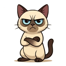 Ilustración en caricatura de un gato siamés con expresión seria y patas cruzadas, representando errores comunes en el cuidado de esta raza