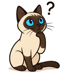 Ilustración en caricatura de un gato siamés en postura pensativa, con una pata apoyada en el mentón y un signo de pregunta, representando dudas frecuentes sobre esta raza.