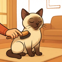Ilustración en caricatura de un gato siamés siendo cepillado suavemente por una persona, representando los cuidados de higiene y el vínculo durante el manejo.
