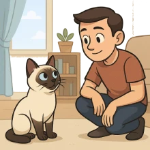 Ilustración en caricatura de un gato siamés dentro de casa, observado por una persona, representando la importancia de la prevención y los cuidados de salud en esta raza.