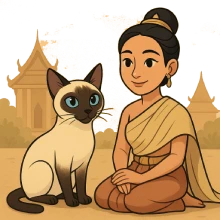 Ilustración en caricatura de un gato siamés junto a una persona con vestimenta tradicional de la antigua Tailandia, representando el origen histórico de esta raza.