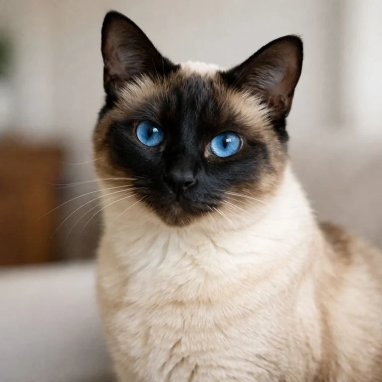 Fotografía real de un gato siamés con ojos azules y máscara oscura en el rostro, representando el carácter sociable y afectuoso de esta raza.