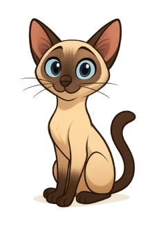 Ilustración en caricatura de un gato siamés con ojos azules, expresión cariñosa y postura relajada, representando el carácter sociable de esta raza.