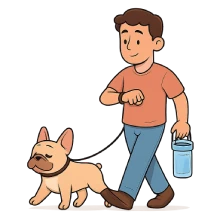 Ilustración educativa estilo caricatura moderna: bulldog francés camina relajado con correa junto a una persona adulta que sostiene un bebedero portátil y controla el horario del paseo con su reloj. Ambos se muestran tranquilos, representando un paseo seguro y responsable en clima cálido. Fondo transparente.