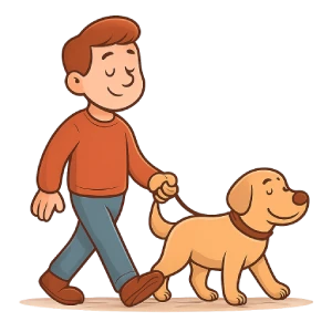 Ilustración caricaturesca de una persona joven caminando con su perro mediano por una vereda urbana. Ambos tienen expresión relajada y contenta, transmitiendo calma y rutina diaria. El estilo es de dibujo animado suave, con líneas limpias, colores cálidos y fondo transparente.