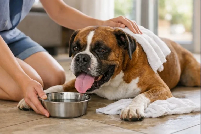 Perro bóxer con signos de golpe de calor mientras una persona le ofrece agua y lo enfría con una toalla húmeda dentro de una casa