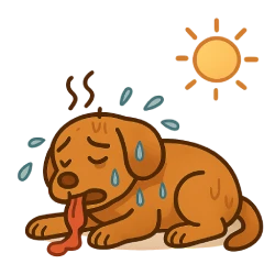 Caricatura de un perro marrón acostado con expresión de agotamiento, lengua afuera en jadeo moderado, gotas de sudor y sol fuerte arriba, representando los síntomas de un golpe de calor en mascotas. Fondo transparente.
