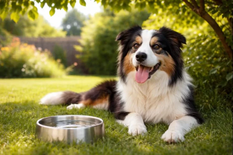 Perro tipo Border Collie descansando a la sombra junto a un plato de agua fresca, imagen preventiva sobre golpe de calor en perros.