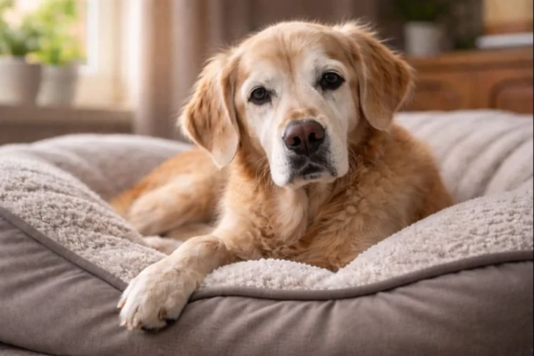 Perro mayor con hocico canoso descansando sobre una cama cómoda en un ambiente hogareño, representando los cuidados que necesitan los perros mayores en la última etapa de su vida.