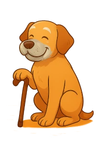 Ilustración caricaturesca de un perro senior con hocico canoso y expresión serena, sentado con buena postura y sosteniendo un bastón sencillo. El fondo cálido transmite bienestar y cuidado, representando la vejez con dignidad y alegría.
