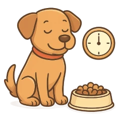  Ilustración estilo caricatura de un perro marrón, relajado y bien cuidado, sentado frente a un plato lleno de croquetas. A su lado hay un reloj analógico que marca las 3 en punto. El perro tiene los ojos cerrados y una expresión serena, con líneas limpias y colores cálidos sobre fondo transparente.