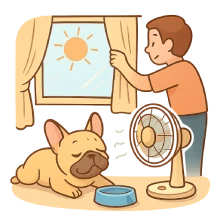 Bulldog francés descansando en casa durante un día caluroso, con agua fresca, ventilador encendido y una persona cerrando la cortina para protegerlo del sol