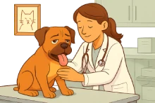 Ilustración educativa en estilo caricatura moderna. Un perro bóxer adulto con expresión de malestar físico leve por golpe de calor —lengua afuera, jadeando, ojos entrecerrados— está sentado en una mesa de examen veterinario. Una veterinaria arrodillada lo revisa con gesto profesional y tranquilo, transmitiendo atención médica y control. El ambiente es limpio y luminoso, típico de una clínica veterinaria, con colores suaves y fondo simple. Sin texto ni elementos distractores.