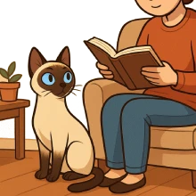 Ilustración en caricatura de un gato siamés dentro de una casa, acompañando a una persona, representando la convivencia cercana y activa de esta raza en el hogar.