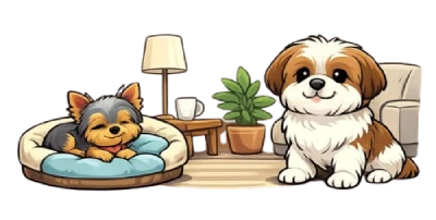 Ilustración de un perro mini y un perro pequeño descansando tranquilos dentro de un departamento, mostrando cómo se adaptan a espacios reducidos.