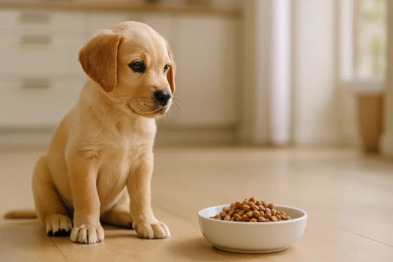 Cachorro curioso frente a su comida en casa
