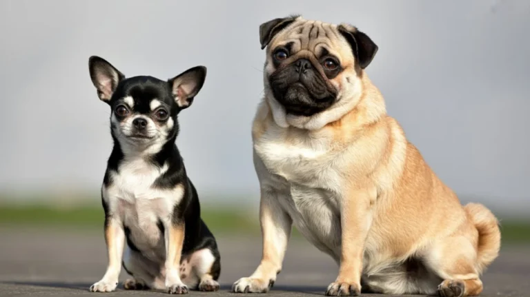 Chihuahua adulto junto a un Pug adulto mostrando la diferencia entre un perro mini y un perro pequeño