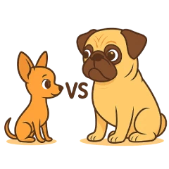 Ilustración comparativa en estilo caricatura de un Chihuahua mini y un Pug pequeño, sentados frente a frente con la palabra “VS” en el centro. El Chihuahua es más bajo y delgado; el Pug es más robusto y alto. Mostrando las diferencias entre perros mini y perros pequeños