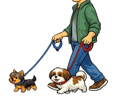 Ilustración de una persona paseando con correa a un perro mini y a un perro pequeño, mostrando que ambos necesitan paseos y estimulación diaria.
