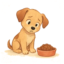 Ilustración de un cachorro frente a su plato de comida, representando por qué mi cachorro no quiere comer y las dudas comunes sobre su alimentación.